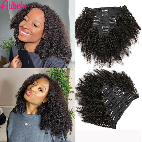 Alibele 4B 4C Afro Kinky Culy Clips In Human Hair Extensions Brazilian Remy Hair Clips in 120G 8Pcs/Set 10-28 Inches For Women