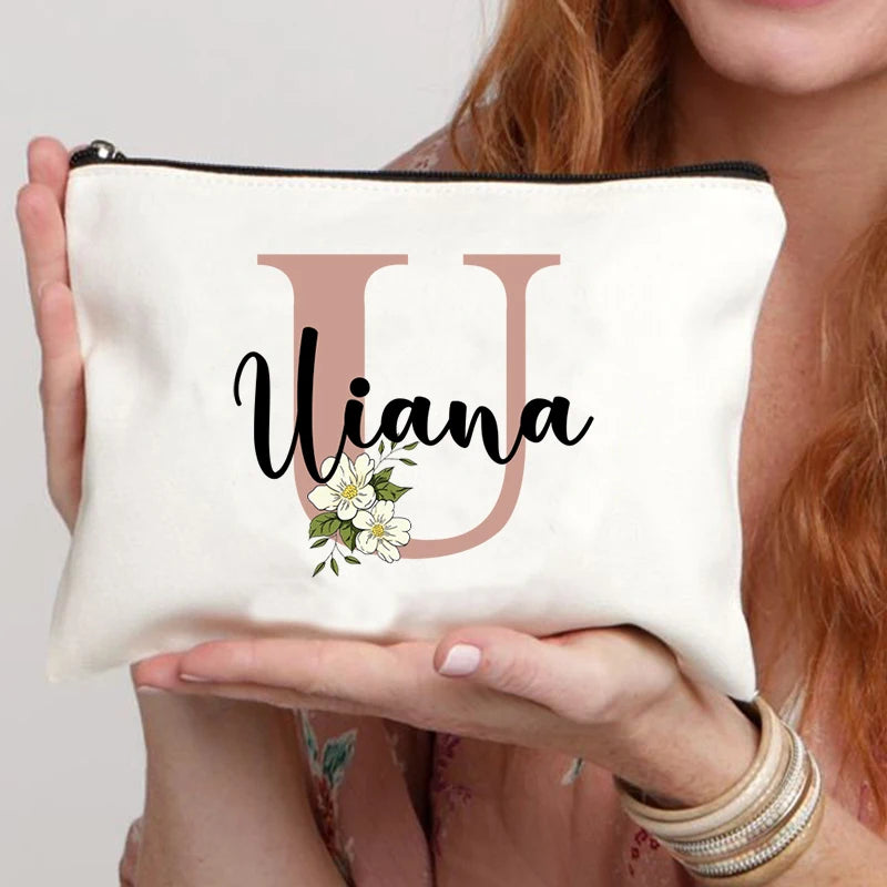 Floral Letters Custom Name Makeup Bag Best Gift for Bridesmaid Teachers Friends Women Purse Personalise Gift for Birthday