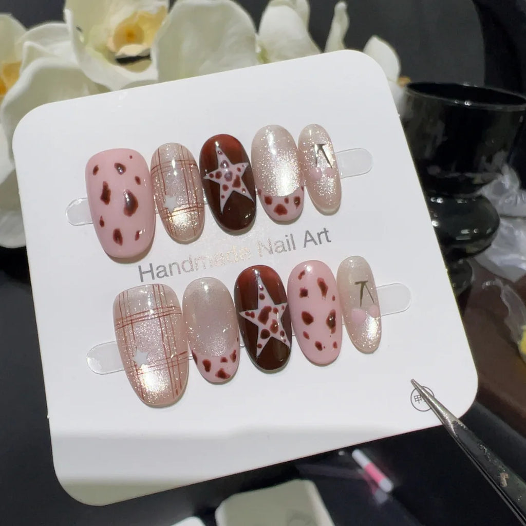 10PCS Ins Blue Short Oval False Nails Retro Hand-drawn Brown Polka Dot Bow French Press on Nails Full Cover Detachable Manicure