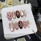 10PCS Ins Blue Short Oval False Nails Retro Hand-drawn Brown Polka Dot Bow French Press on Nails Full Cover Detachable Manicure
