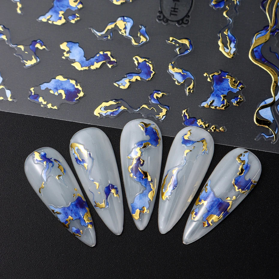 Nails Stickers Purple Blue Brown Ink Design Decals Gold Decorations Art Self-Adhesive Holographic Gel Slider Manicure Supplies