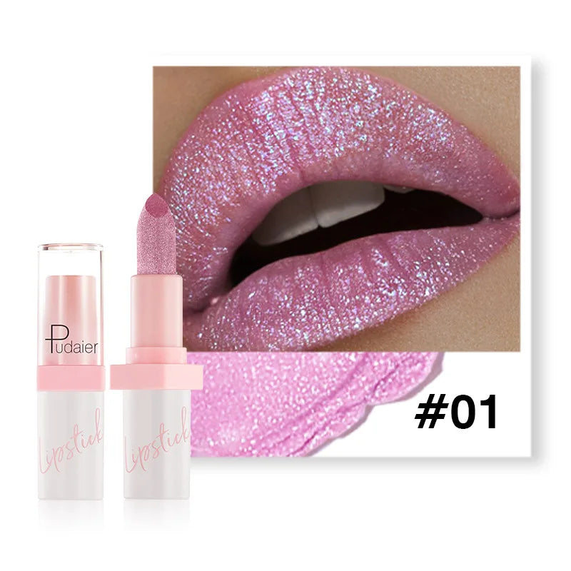 Shimmery Diamond Lipstick 10 Shades Waterproof Glittery Non Transfer Red Lip Tint Smooth Long Wear Pearly Lipstick