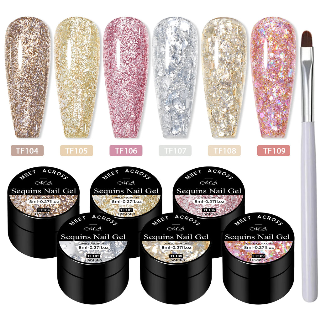7pcs Glitter Sequins Gel Nail Polish Set Pink Silver Laser Glitter Semi Permanent Soak Off UV Gel Varnish Manicure Nail Supplies