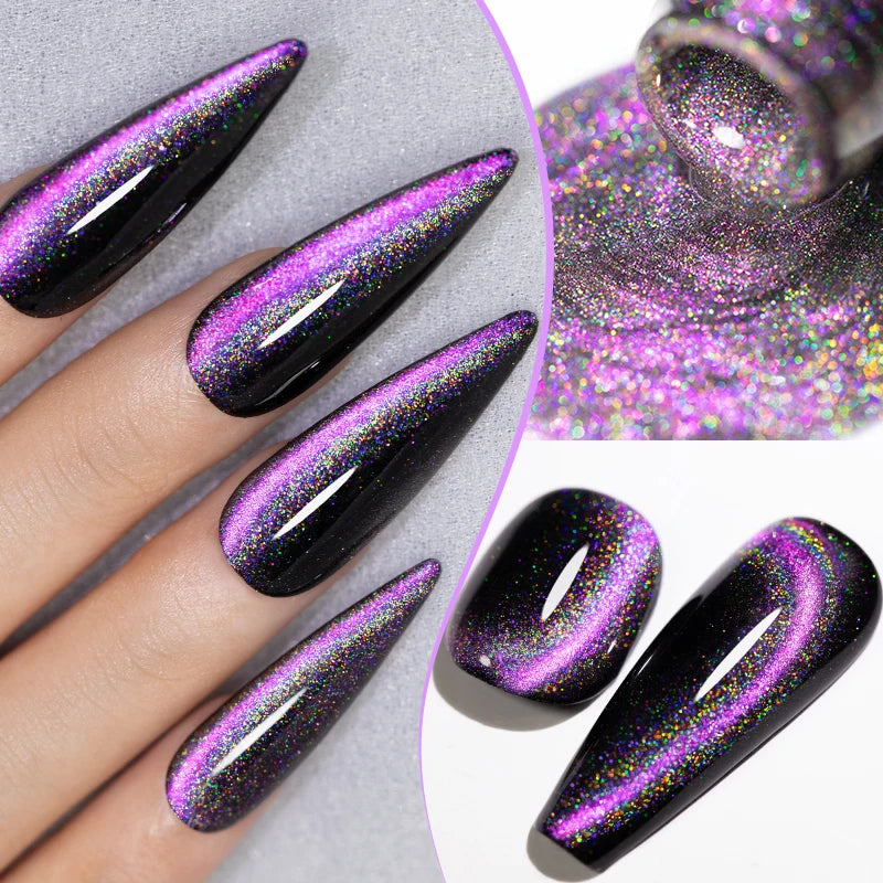 PUENTE 7.5ML Sparkling Pinkish Purple Laser Cat Magnetic Gel Nail Polish Holographic Rainbow Effect Soak Off UV Nail Art Varnish