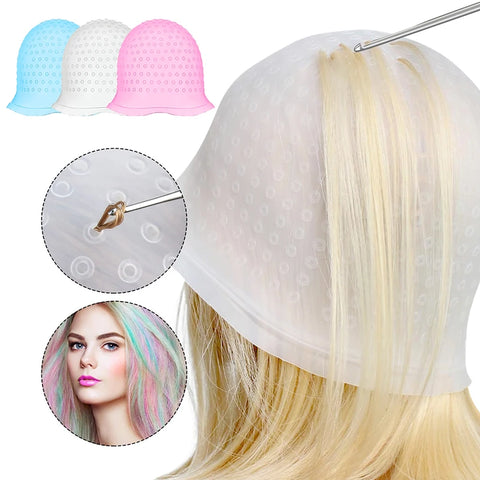 1set Silicone Highlighting Cap with Hook Needle Reusable Hair Dye Cap Set Barber Professional Hair Coloring Salon Hair Tools