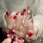 24pcs New Year Heavy Metal Press on Nails Chinese Bride Wedding Fake Nails Full Cover Wearable Shiny Large Crystal False Nails
