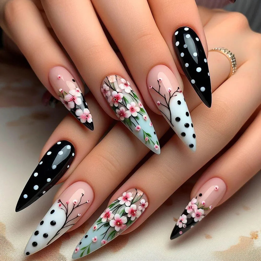 24pcs/set Medium long square fake nails for women girls cute heart flowers feather butterfly design press on false nail art tips
