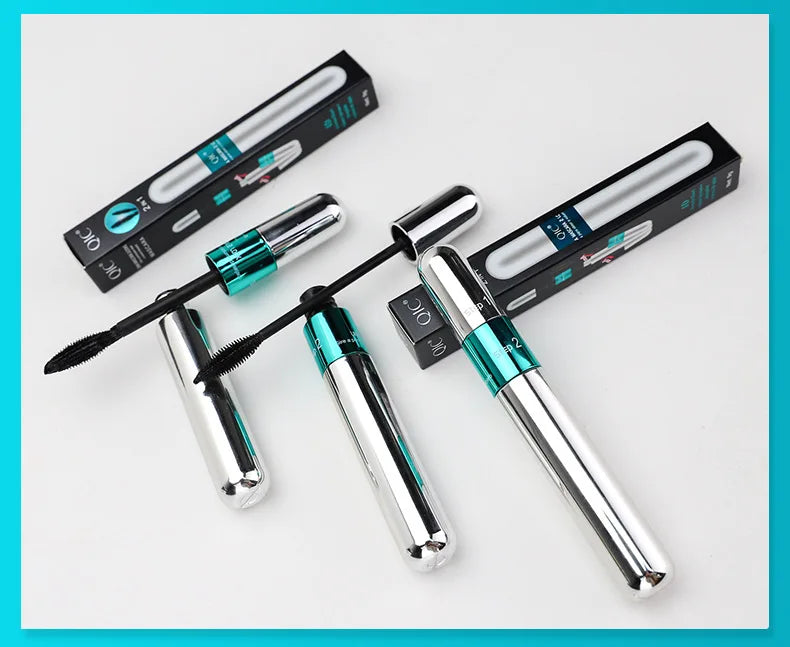 QIC Double Effect 4D Mascara Waterproof Long Curl Natural Thick Eyelash 2-in-1 Black Mascara with 2 Brush Heads