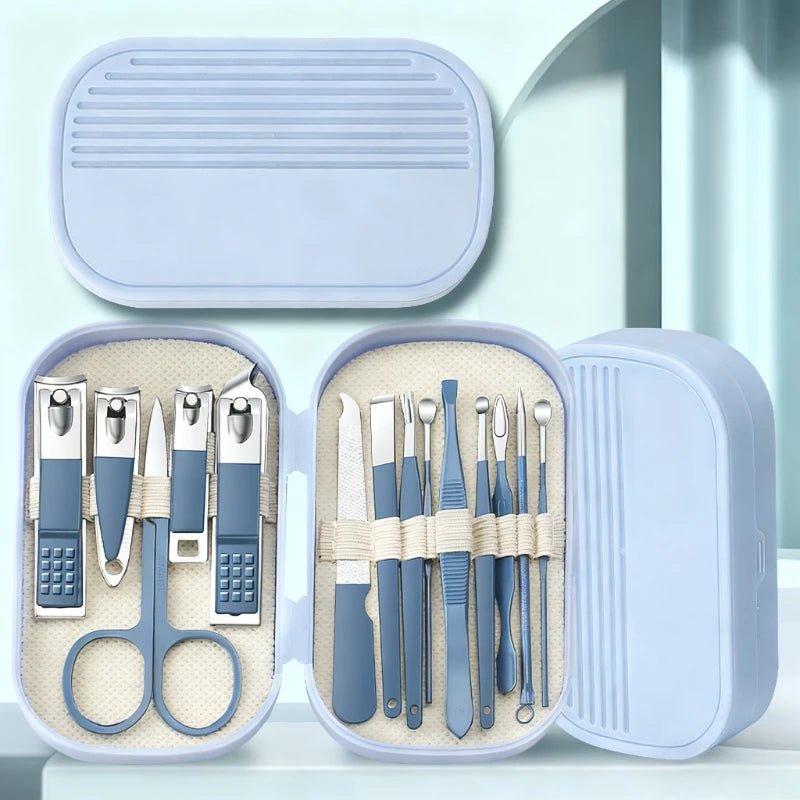 14 Piece Deluxe Nail Care Kit Pink & Blue Stainless Steel Manicure & Pedicure Set with Nail Scissors Clippers Ear Digging Spoon