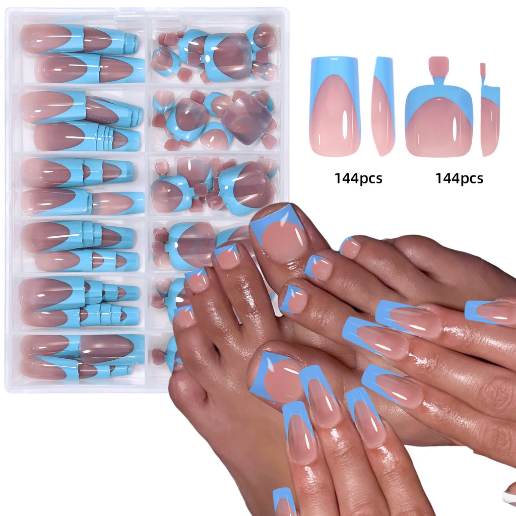 144pcs French hand and foot wear nail set summer short square shiny false toenail acrylic full coverage suitable for nail salon