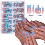 144pcs French hand and foot wear nail set summer short square shiny false toenail acrylic full coverage suitable for nail salon