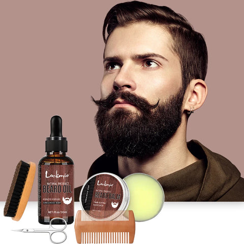 5pcs/Set Beard Growth Kit Sandalwood Scent Beard Balm Oil Moisturizing Styling Trim Care Conditioner For Men