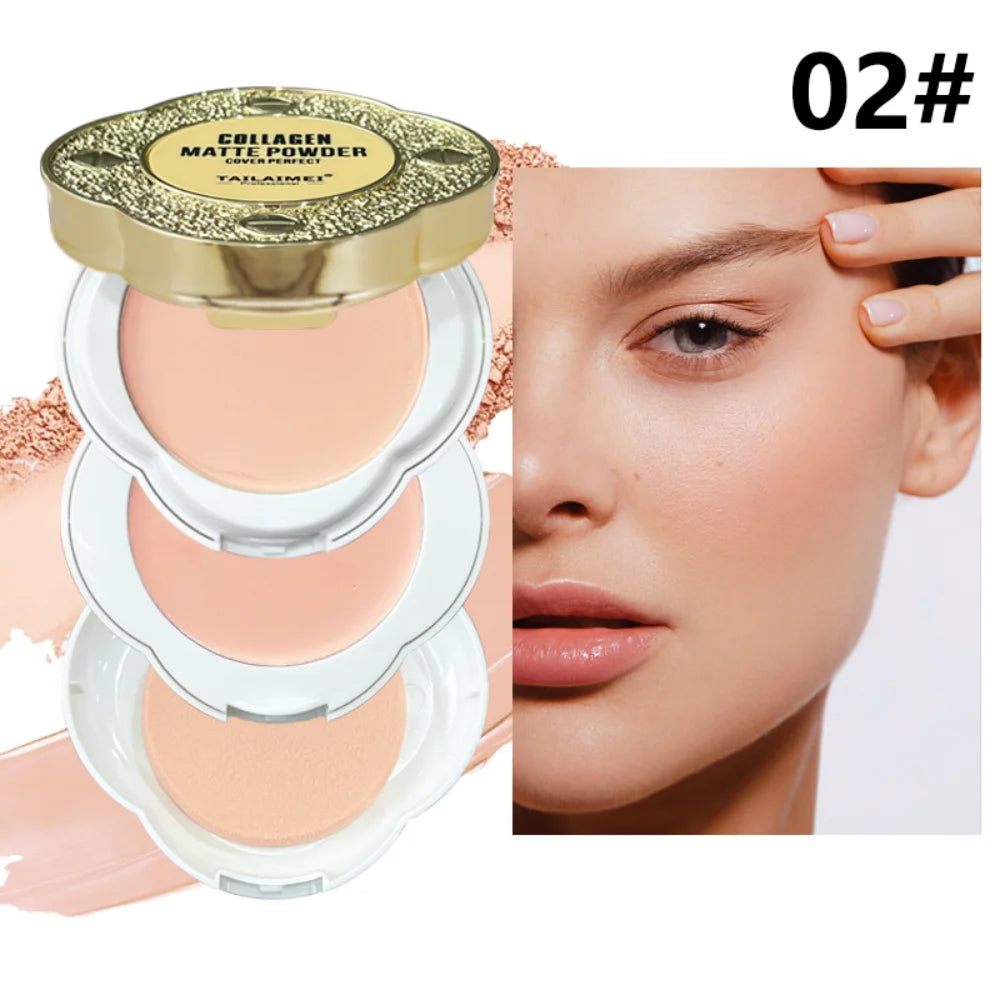 Natural Matte Pressed Powder Oil Control Brighten Whitening Face Base Foundation Compact Concealer Makeup Cosmetics