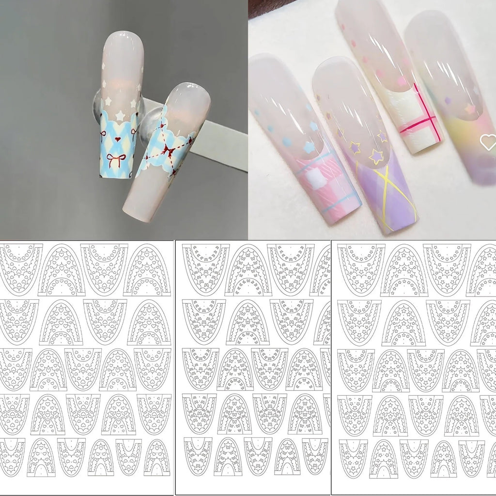 5 Sheets French Cheese Nail Stickers Decoration Self-Adhesive Hollow Lace Nail Art Decals Butterfly Star Shape DIY Nail Art Tool