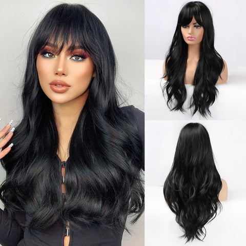 GEMMA Ombre Brown Blonde Long Straight Synthetic Wigs with Bangs Cosplay Wig for Women High Temperature Natural Fake Hair