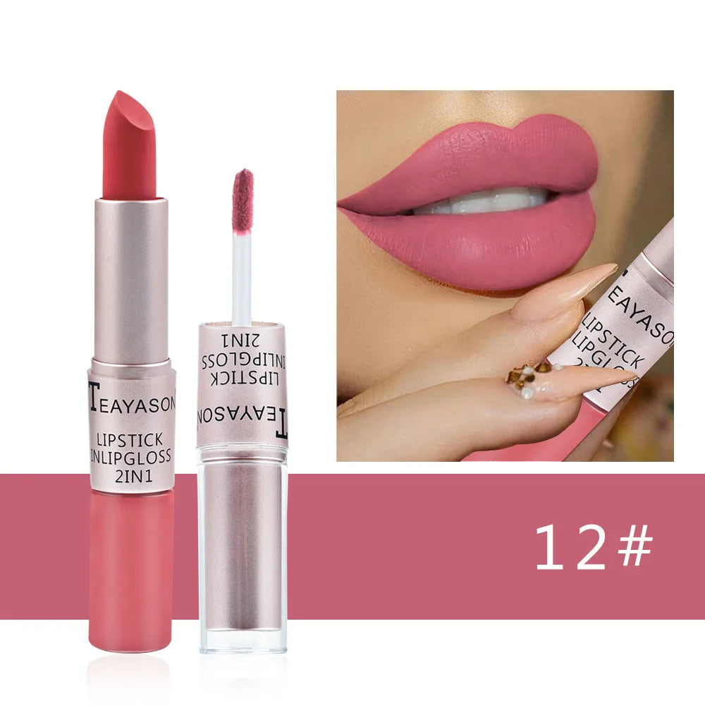 1Pc Long Lasting Velvet Matte Lipstick Double Head Lip Gloss Non-stick Cup Lip Gloss Waterproof 2 in 1 Matte Red Lipstick Makeup