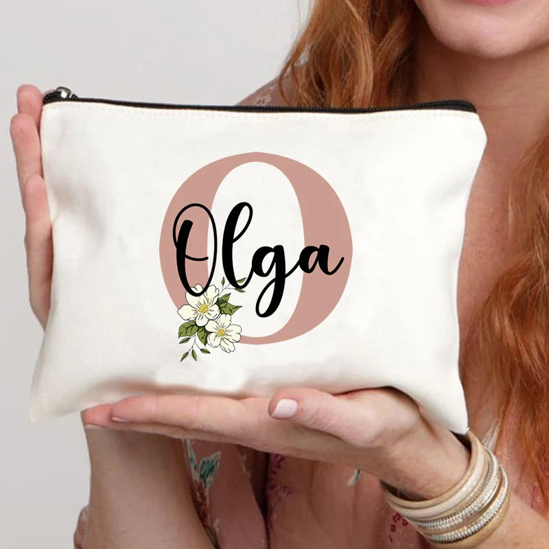 Floral Letters Custom Name Makeup Bag Best Gift for Bridesmaid Teachers Friends Women Purse Personalise Gift for Birthday