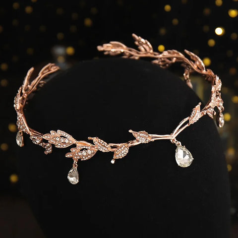 Fashionable and Luxurious Elf Crown Bridal Crystal Rhinestone Waterdrop Leaf Hair Accessories Romantic Head Accessories forWomen