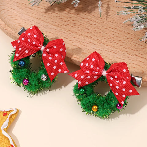 2Pcs Christmas Wreath Hair Clips With Red Polka Dot Bows Cute New Year Hairpins For Girls Children New Headwear Accessories