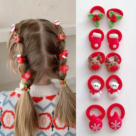 10Pcs Kids Girls Christmas Hair Ties Cute Santa Claus & Reindeer Design Festive Hair Accessories Holiday Parties Decorations