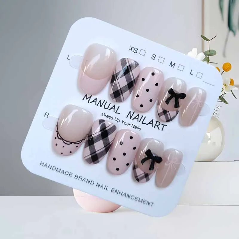 10Pcs French Plaid Bean Paste Pink Powder Butterfly Bowknot with Diamond Press On Nails Korean Style Girl Nail Patch Fake Nails