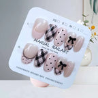 10Pcs French Plaid Bean Paste Pink Powder Butterfly Bowknot with Diamond Press On Nails Korean Style Girl Nail Patch Fake Nails