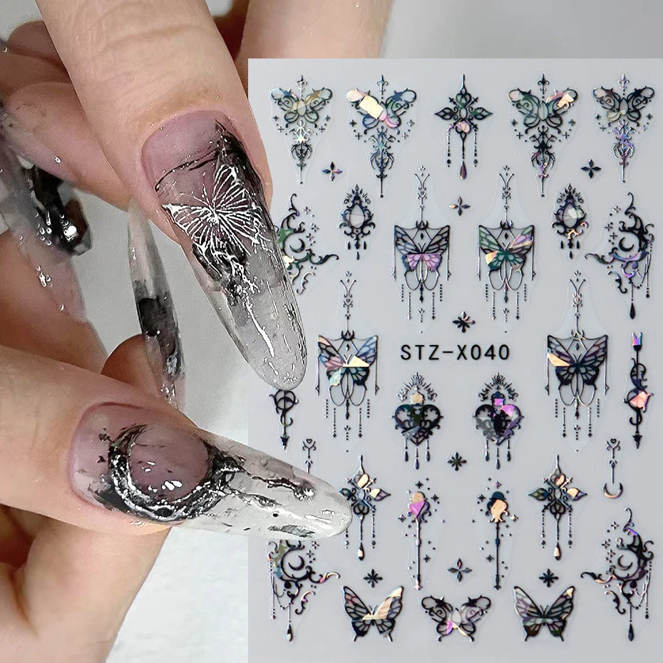 Black White Butterfly Laser Nail Stickers Y2K Nail Art Decoration Abstract Metal Lines Bronzing Lace Flowers Stickers For Nails