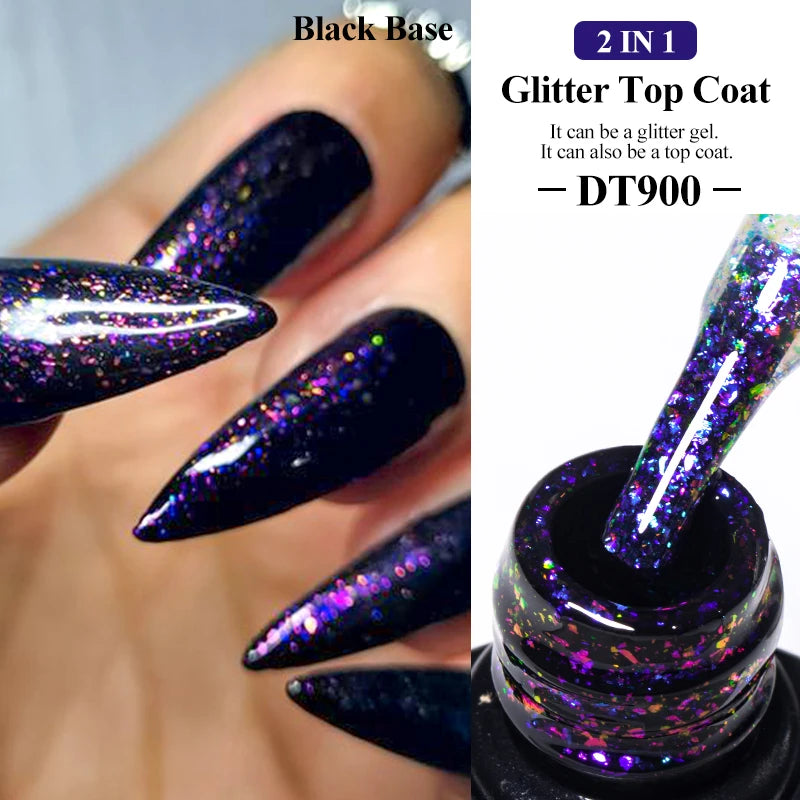MEET ACROSS 7ml Sparkly Glitter Top Coat Gold Foil Effect Nail Art Gel Nail Polish Soak Off Semi Permanent Varnish For Nails DIY