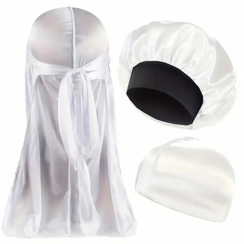 3pcs/set, Durag & Bonnet & Dome Hats, Solid Color Elastic Satin Bonnet Night Cap, Lightweight Pirate Hats