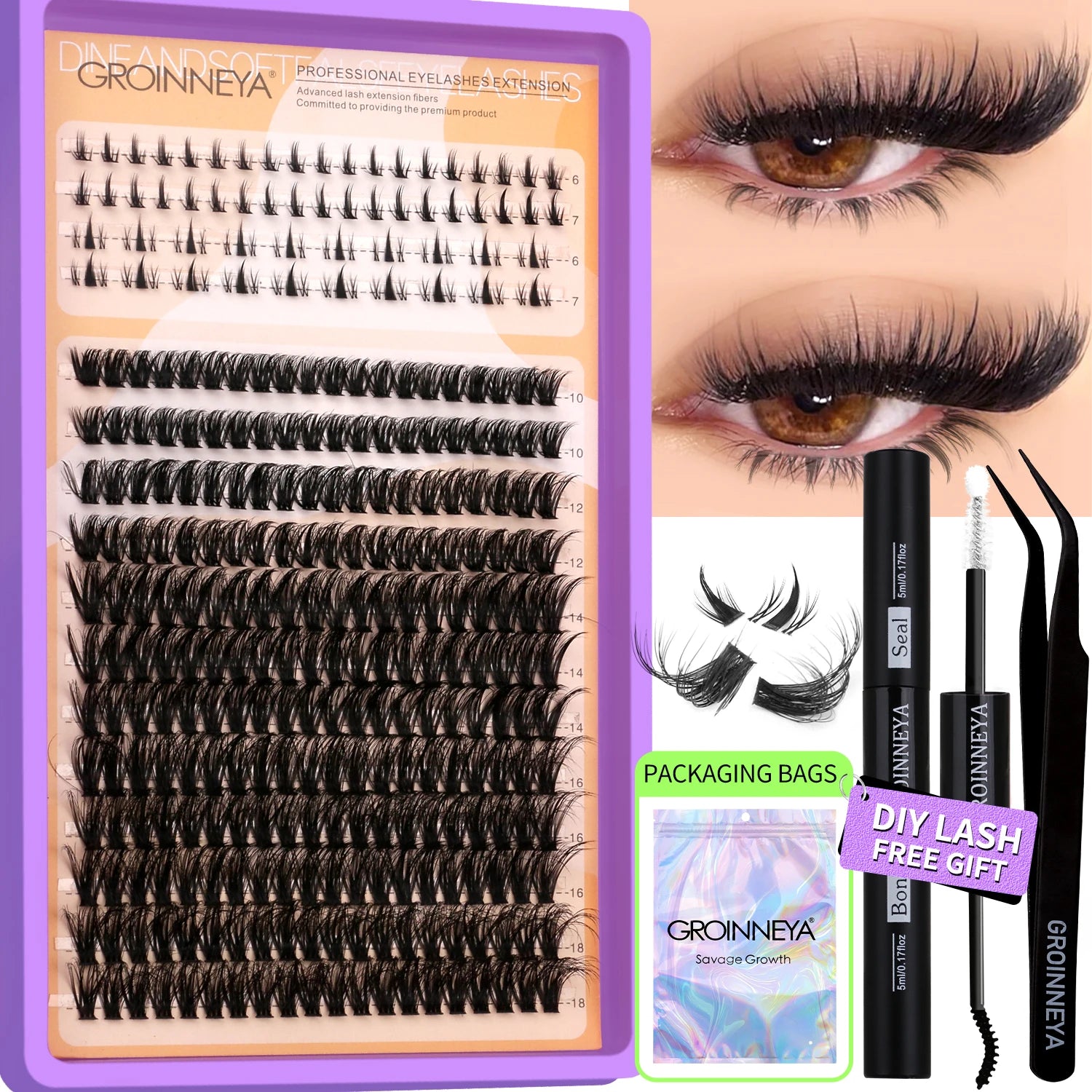 GROINNEYA Lashes Clusters Kit With Lash Bond And Seal And Eyelash Tweezers Waterproof Strong Hold DIY Lash Extension Kit Makeup