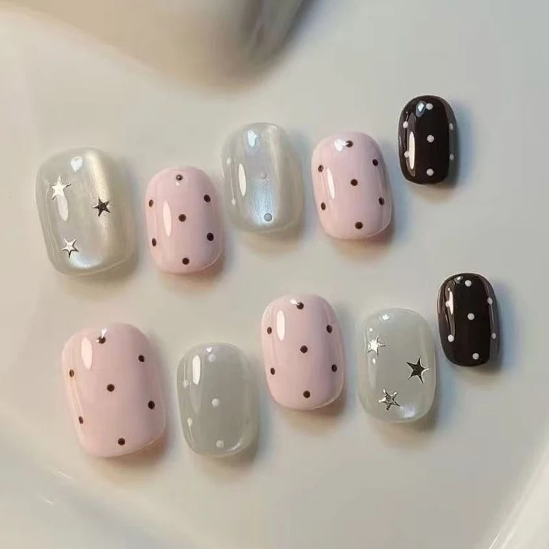 10Pcs Short Oval Shape Colorful Dopamine-inspired Small Fresh Press on Nails Detachable Nail Patches Polka Dot Fake Nails Art