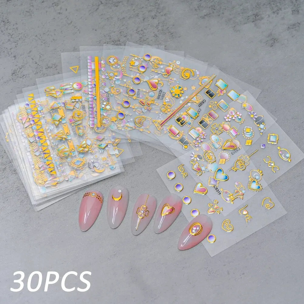 30Pcs Gold Edge Moon Heart Nail Sticker Self-Adhesive Luxury Metallic Zodiac Nail Decal Sliders Manicure Tips Nail Decoration