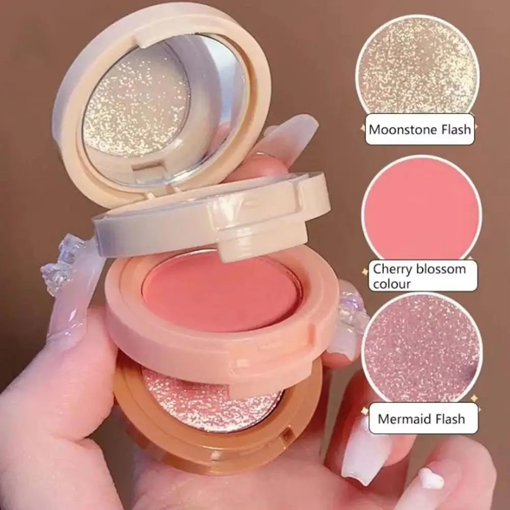 3 In 1 Blush Highlighter Palette Three-Layer All-In-One Powder Palette Pearly Blush Shiny Eyeshadow