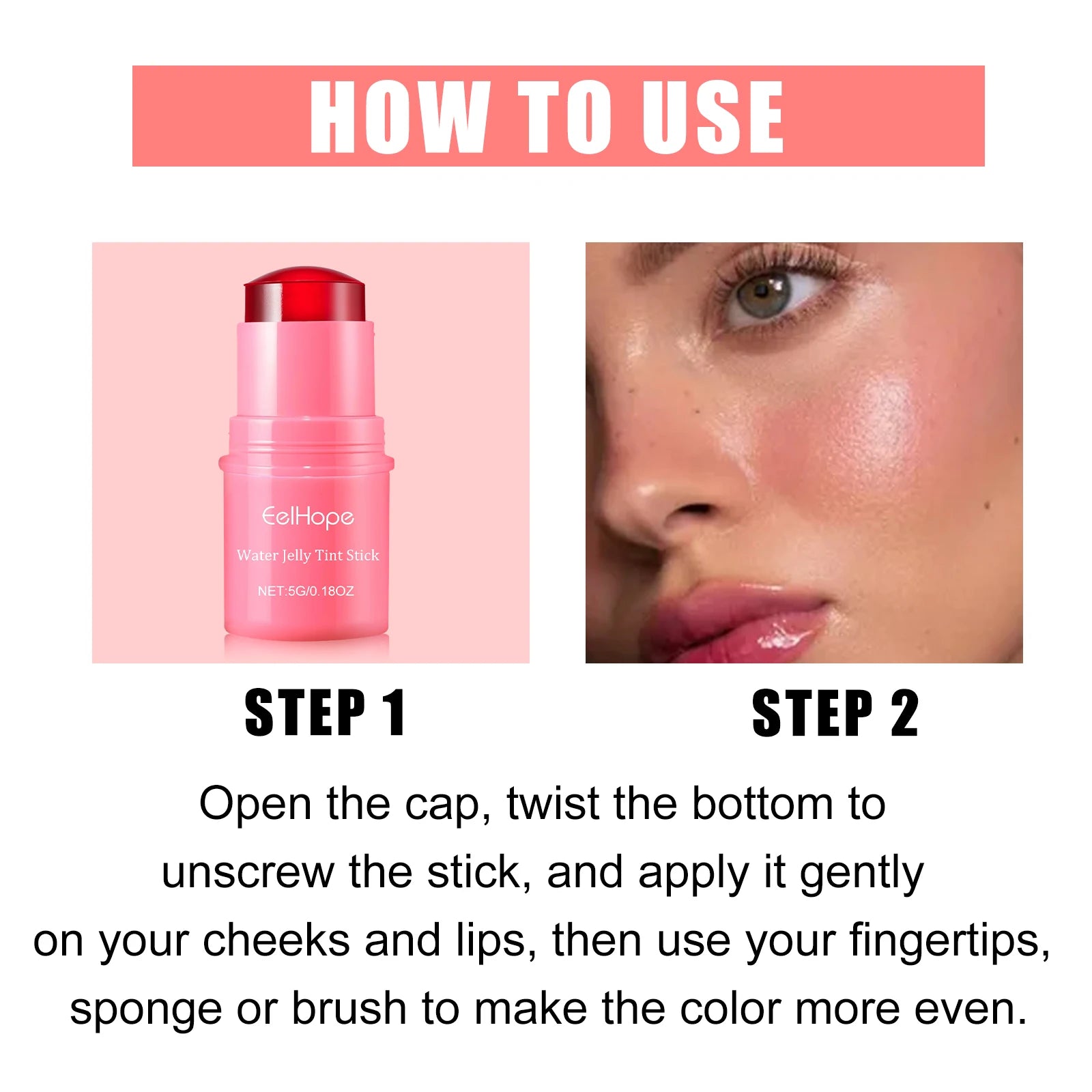 3 In1 Cheek Lip Eye Blush Stick Moisturizing Brightening Water Jelly Tint Matte Contour Long Lasting for Daily Makeup All Skin