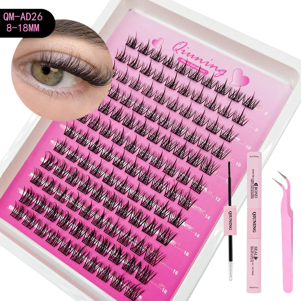 QIUNING Manga Lash Clusters Kit Cat Lashes with Lash Bond & Seal Cluster Eyelash Extensions Mixed Tray Eyelash Clusters Kit