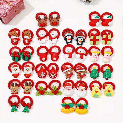 10Pcs/Set Kids Girls Christmas Hair Ties Cute Santa Claus & Reindeer Design Festive Hair Accessories Holiday Parties Decorations