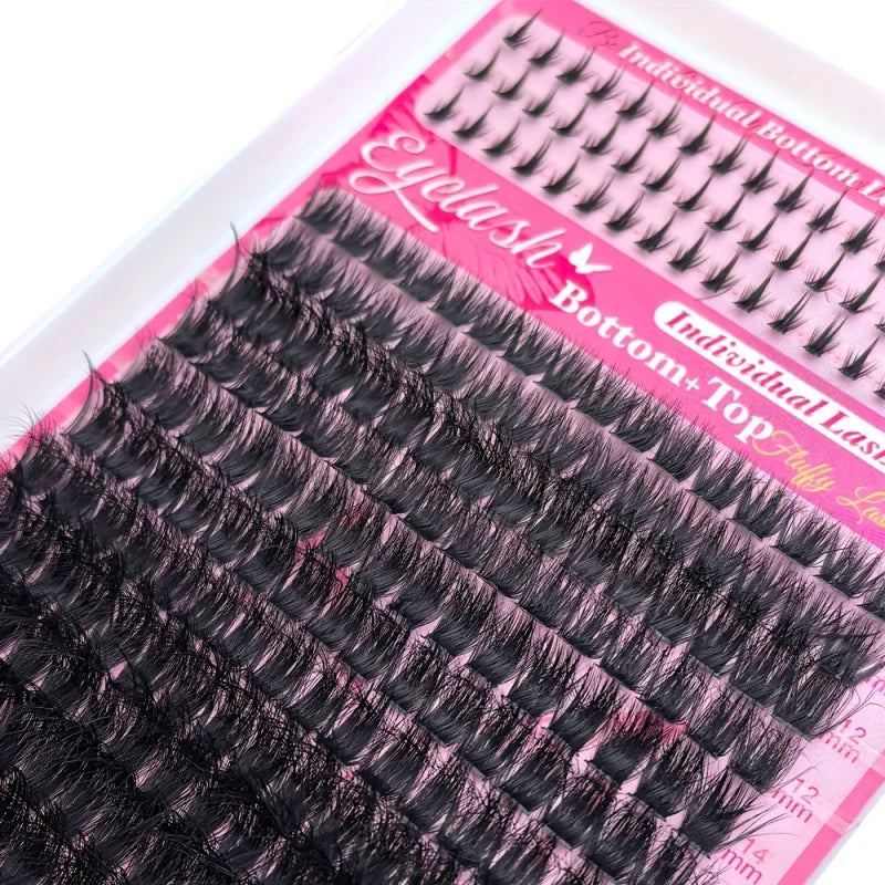 DIY False Eyelash Extension Kit, Individual Lash Clusters Bottom & Upper Lashes, Extra Thick & Fluffy Lashes for Beginners DIY