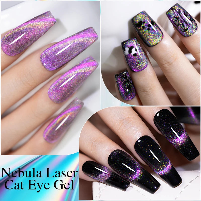 PUENTE 7.5ML Sparkling Pinkish Purple Laser Cat Magnetic Gel Nail Polish Holographic Rainbow Effect Soak Off UV Nail Art Varnish