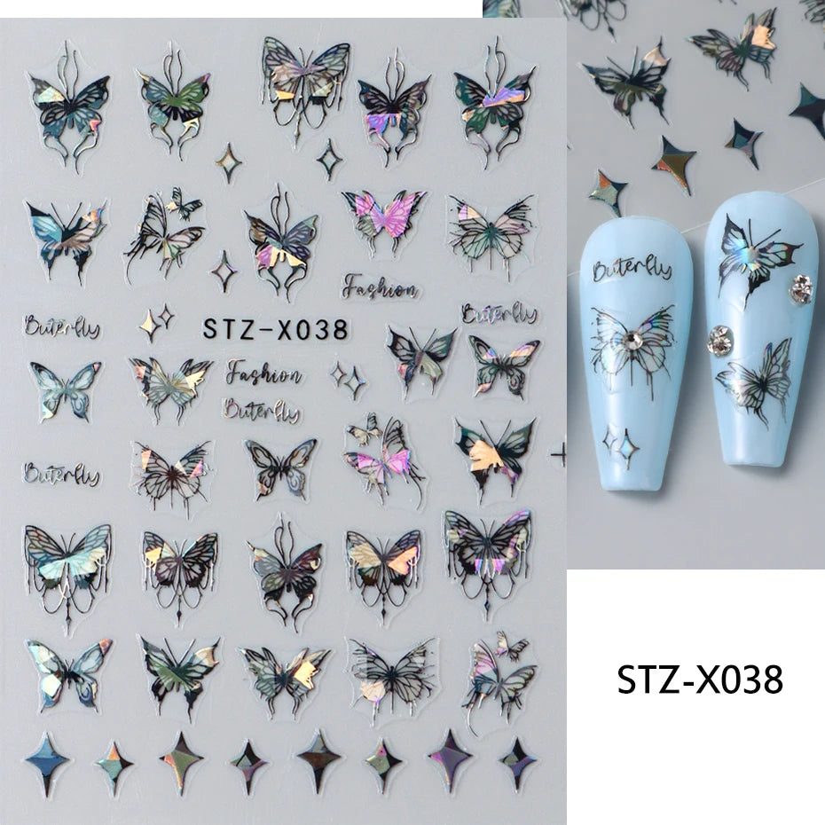Black White Butterfly Laser Nail Stickers Y2K Nail Art Decoration Abstract Metal Lines Bronzing Lace Flowers Stickers For Nails