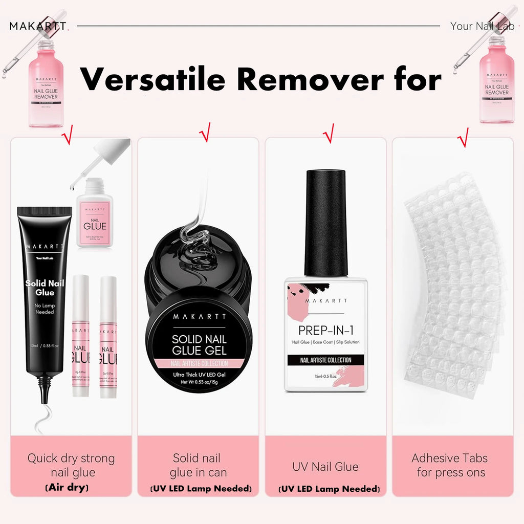 Makartt Solid Nail Glue for Press on Nails, Nail Glue Remover for UV Nail Glue, Non acetone Gentle Glue Off for False Nails Glue