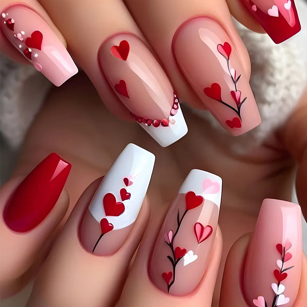 24pcs/set Medium long square fake nails for women girls cute heart flowers feather butterfly design press on false nail art tips