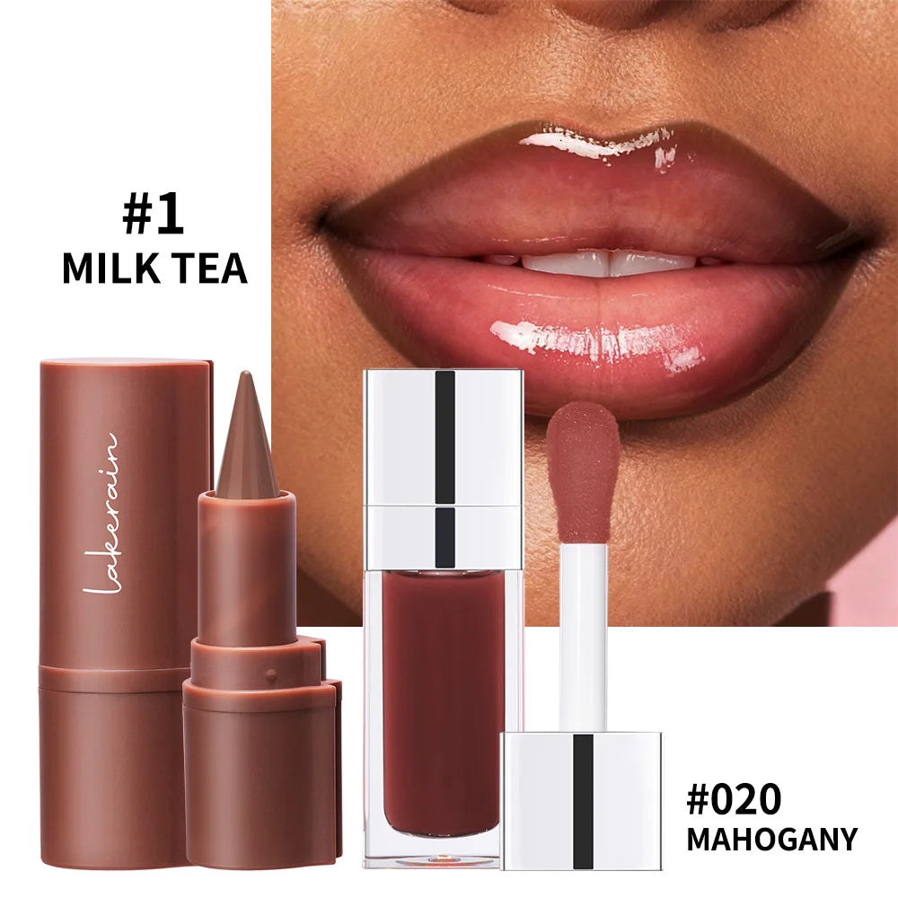 Matte Lip Makeup Kit 2pcs Waterproof Long Lasting Lip Liner and Lip Oil Combo Red Brown Pink Nude Tones Lipstick Set
