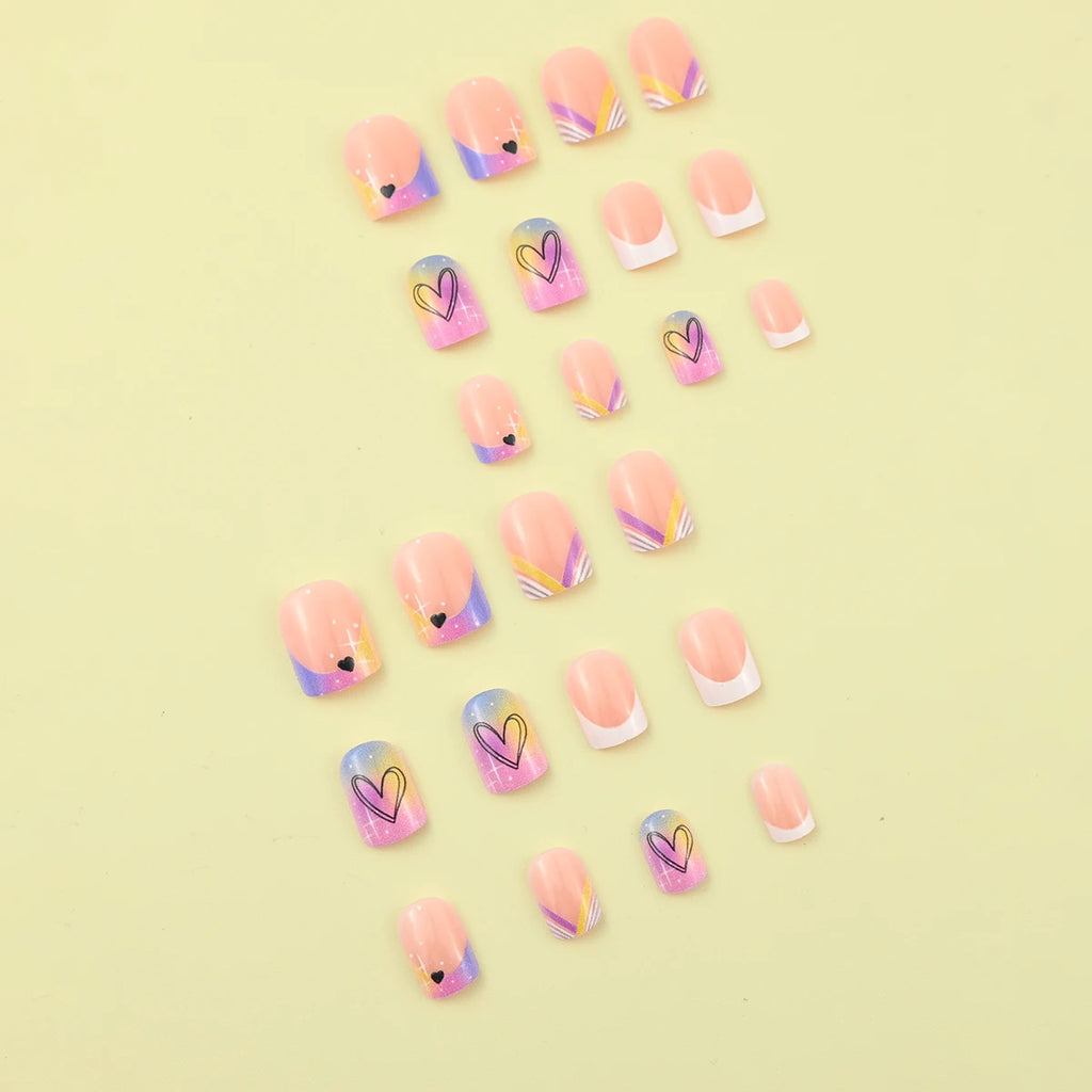 24 pieces of short square fake nails, featuring a halo dyed gradient heart and a colorful French design in European and American