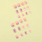 24 pieces of short square fake nails, featuring a halo dyed gradient heart and a colorful French design in European and American