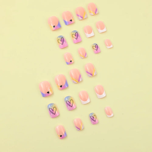 24 pieces of short square fake nails, featuring a halo dyed gradient heart and a colorful French design in European and American