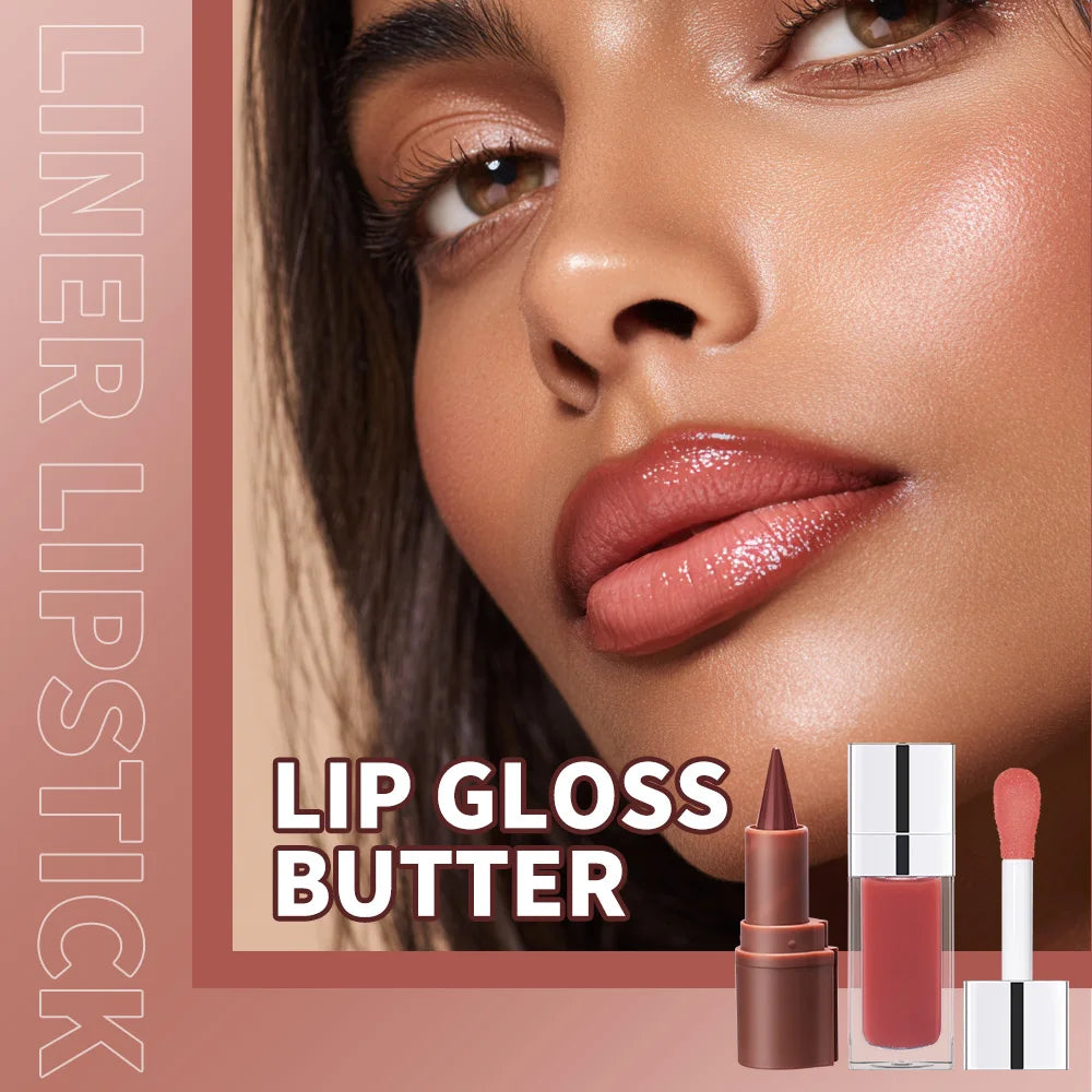 Matte Lip Makeup Kit 2pcs Waterproof Long Lasting Lip Liner and Lip Oil Combo Red Brown Pink Nude Tones Lipstick Set