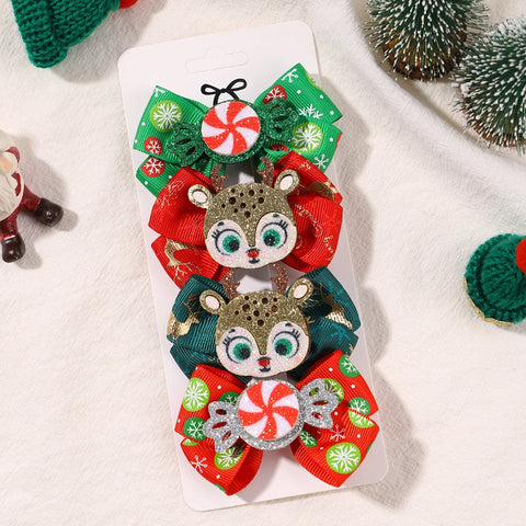 4pcs New Christmas Hair Bow Clips for Baby Girls DIY Glitter X'mas Santa Elk Bowknot Hairpin Cute Kid Headwear Hair Accessories