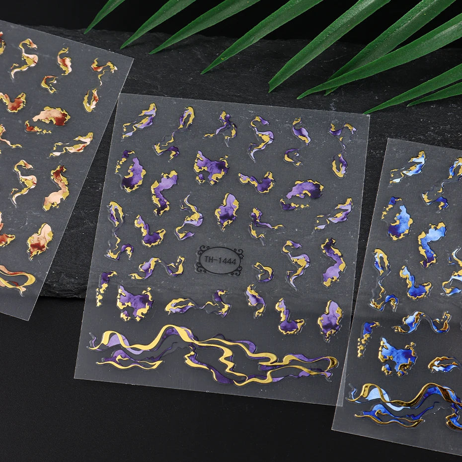 Nails Stickers Purple Blue Brown Ink Design Decals Gold Decorations Art Self-Adhesive Holographic Gel Slider Manicure Supplies