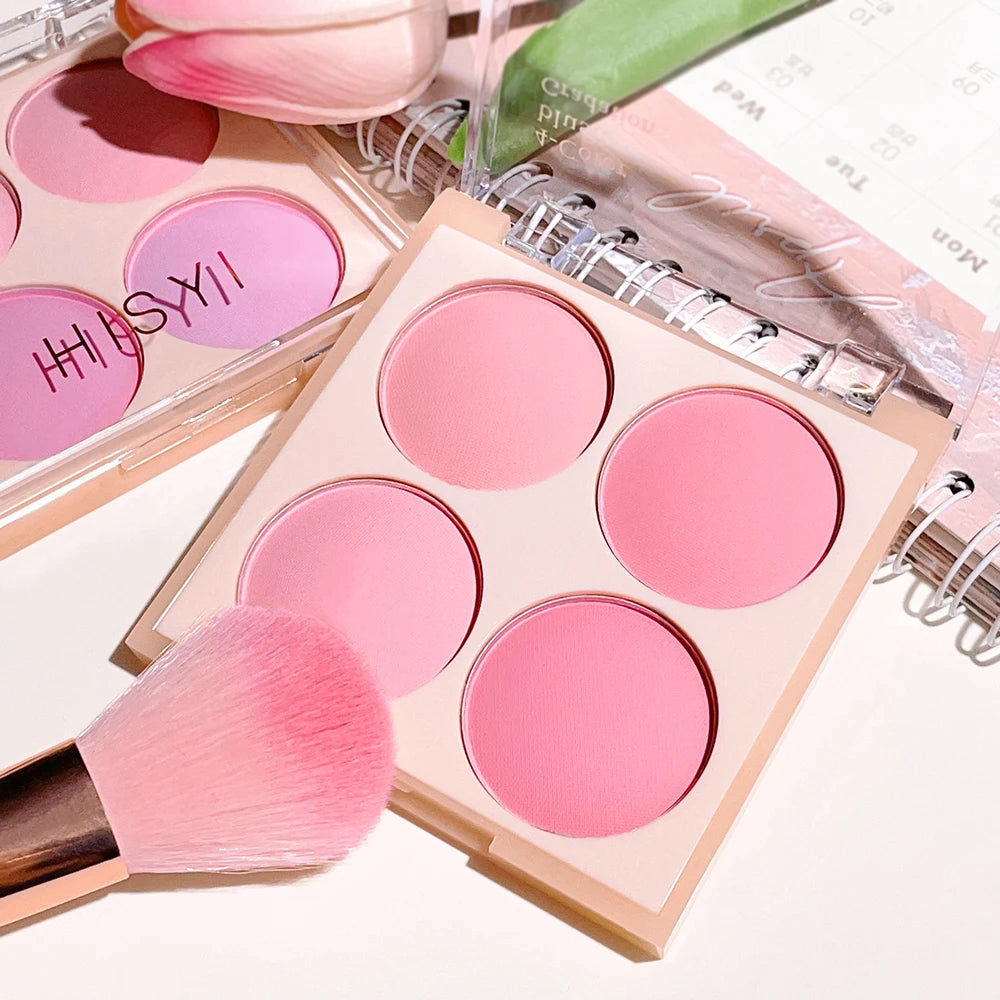 4-color matte blush, peach pink, coral blush powder, Korean low saturation soft fog blush, can lighten, create three-dimensional