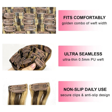 [Hot Sale] 4/27 Higlight Ombre Clip Ins Hair Extensions 9 Pcs 100% Real Remy Bone Straight Brazilian Human Hair Clips Extensions